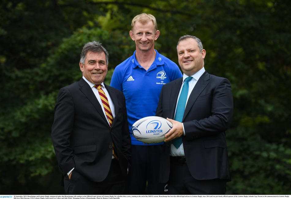 Leinster sponsorship renewal photo with Mick Dawson, Leo Cullen and John White